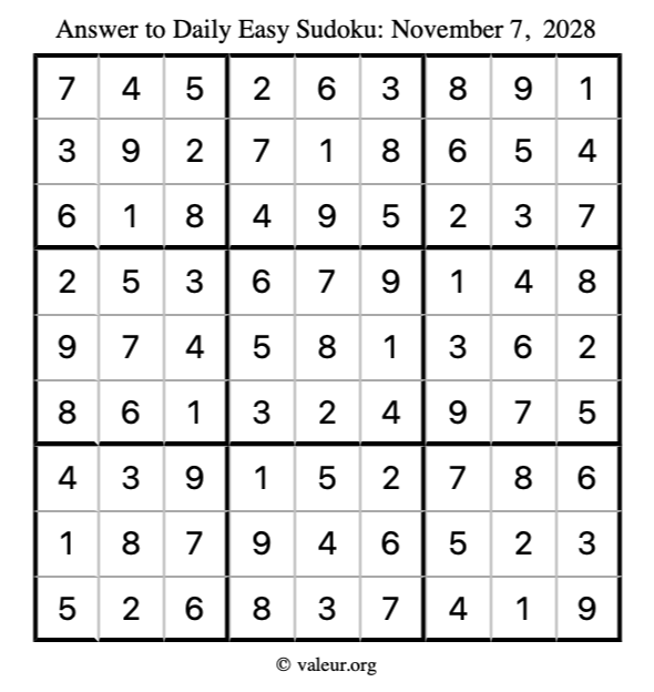 Answer to easy sudoku November 7, 2028