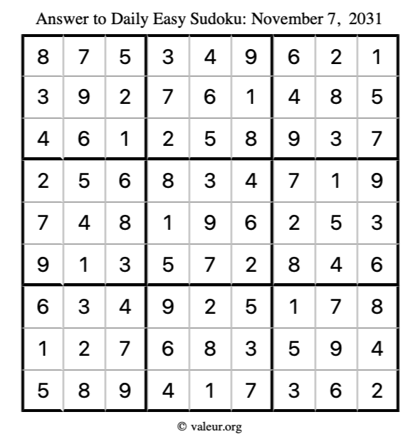 Answer to easy sudoku November 7, 2031