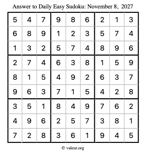 Answer to easy sudoku November 8, 2027