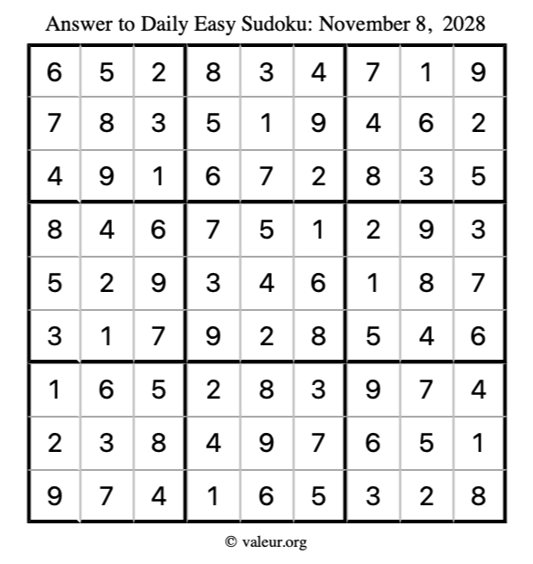 Answer to easy sudoku November 8, 2028