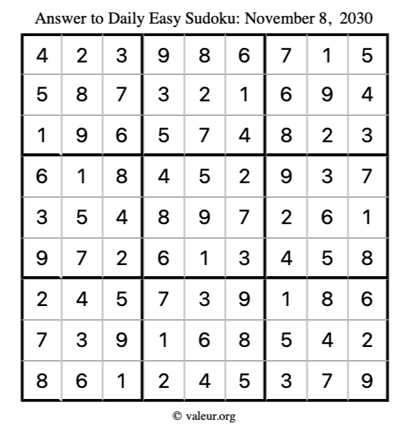 Answer to easy sudoku November 8, 2030