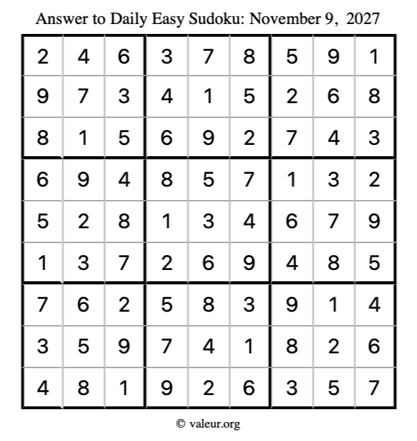 Answer to easy sudoku November 9, 2027