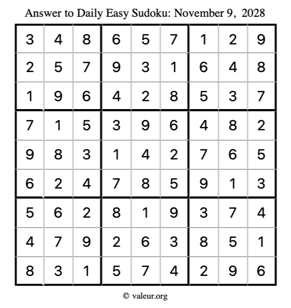 Answer to easy sudoku November 9, 2028