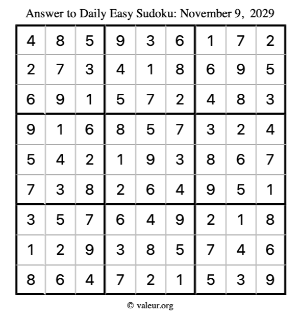 Answer to easy sudoku November 9, 2029