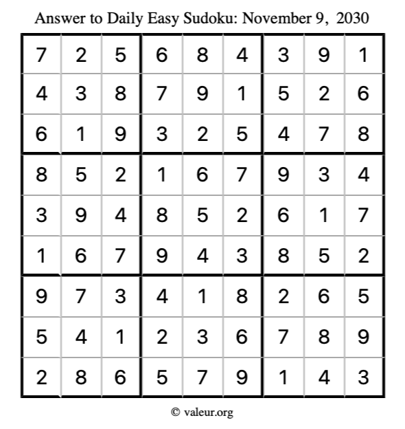 Answer to easy sudoku November 9, 2030