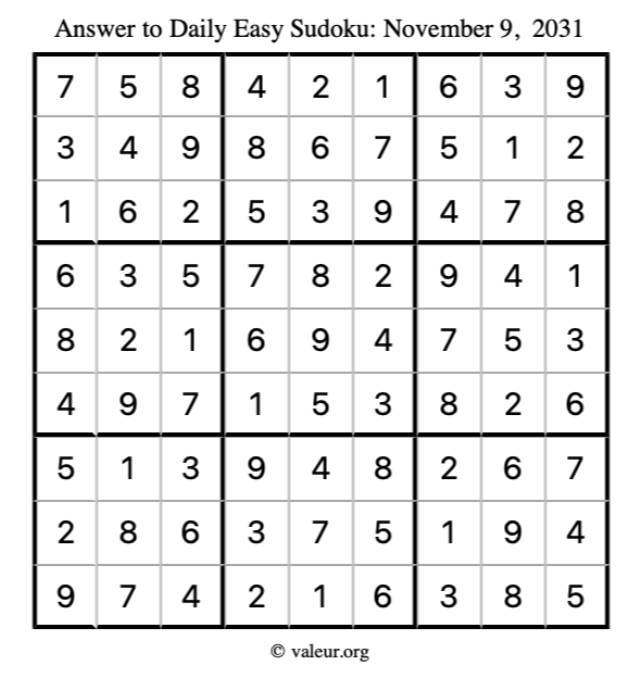 Answer to easy sudoku November 9, 2031