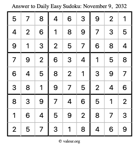 Answer to easy sudoku November 9, 2032