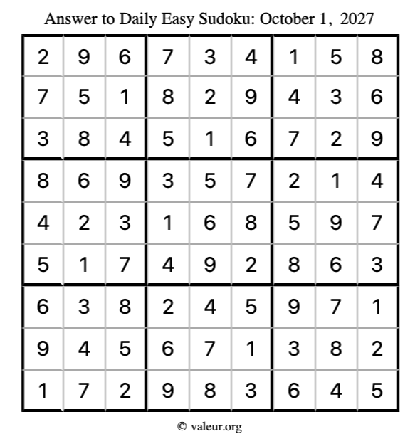 Answer to easy sudoku October 1, 2027