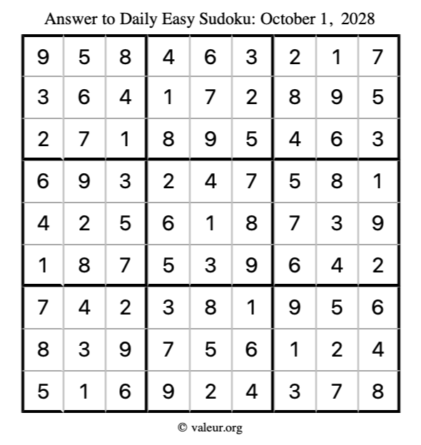 Answer to easy sudoku October 1, 2028