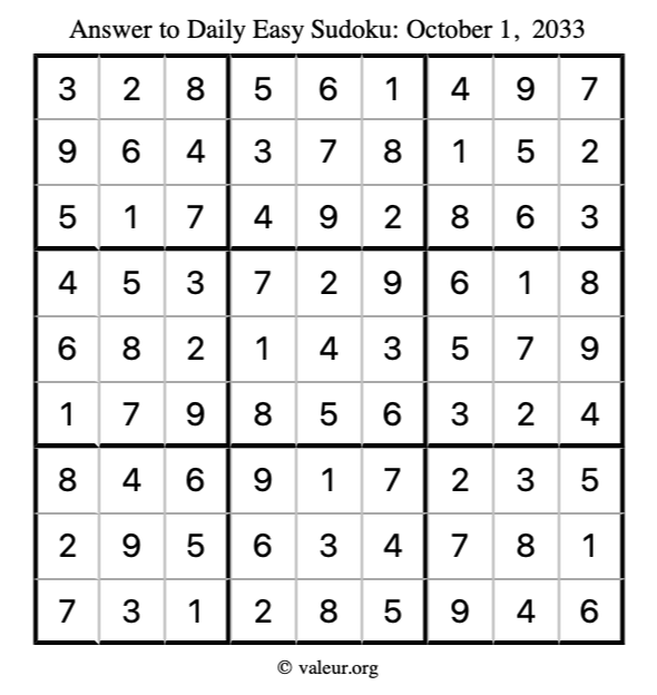 Answer to easy sudoku October 1, 2033