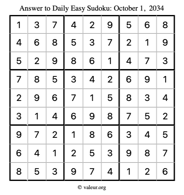 Answer to easy sudoku October 1, 2034