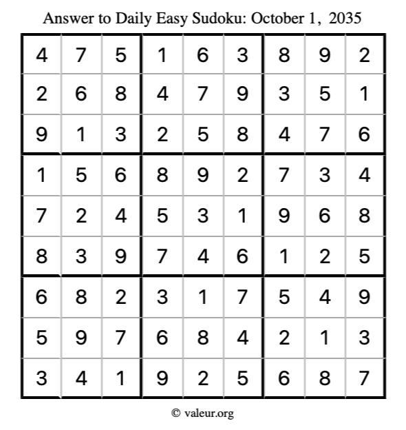 Answer to easy sudoku October 1, 2035