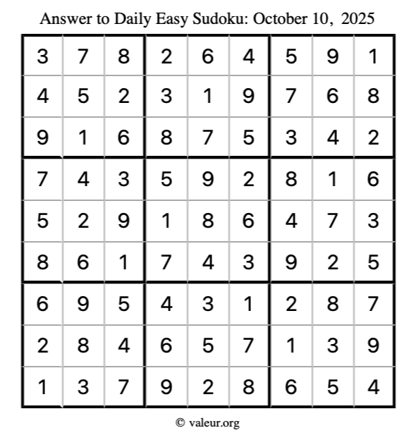 Answer to easy sudoku October 10, 2025