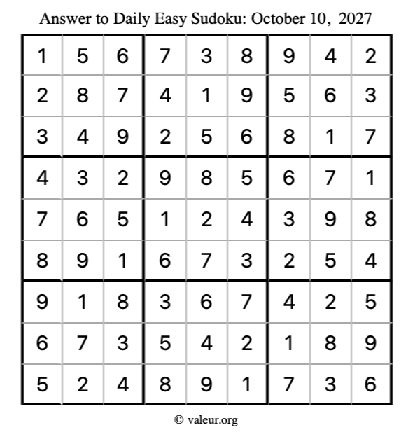 Answer to easy sudoku October 10, 2027