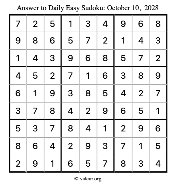 Answer to easy sudoku October 10, 2028