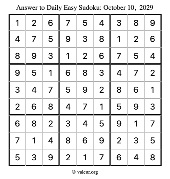 Answer to easy sudoku October 10, 2029