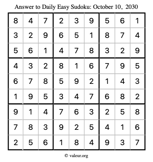 Answer to easy sudoku October 10, 2030