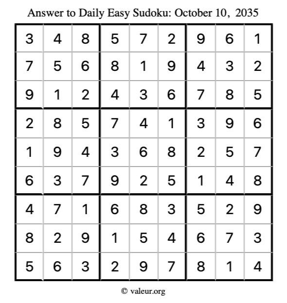 Answer to easy sudoku October 10, 2035