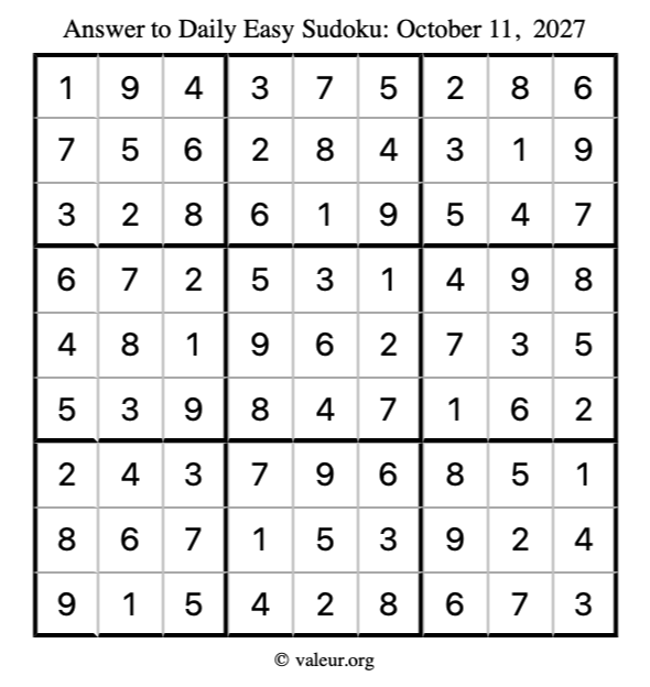 Answer to easy sudoku October 11, 2027