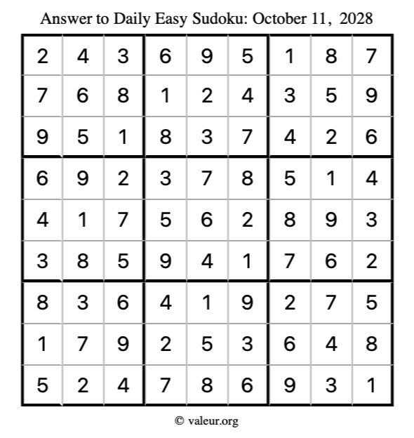 Answer to easy sudoku October 11, 2028