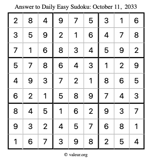 Answer to easy sudoku October 11, 2033