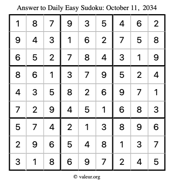 Answer to easy sudoku October 11, 2034