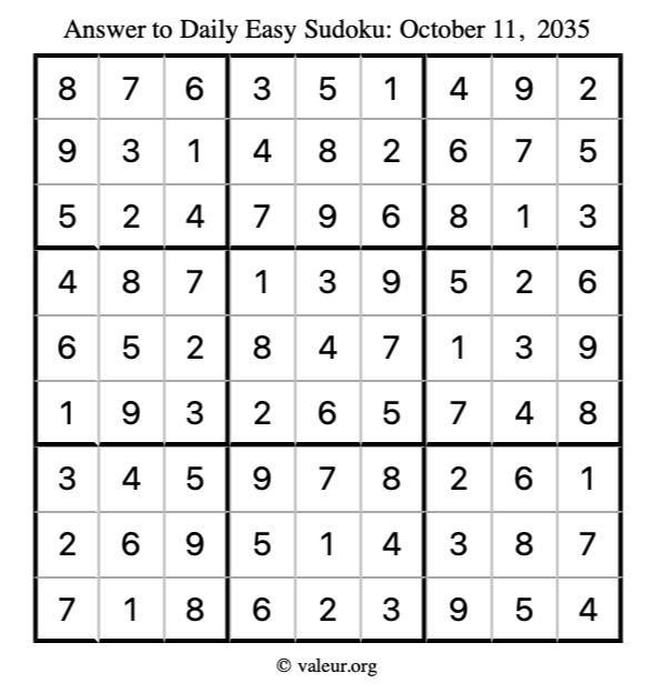 Answer to easy sudoku October 11, 2035