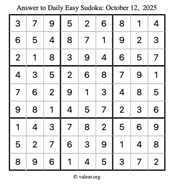 Answer to easy sudoku October 12, 2025