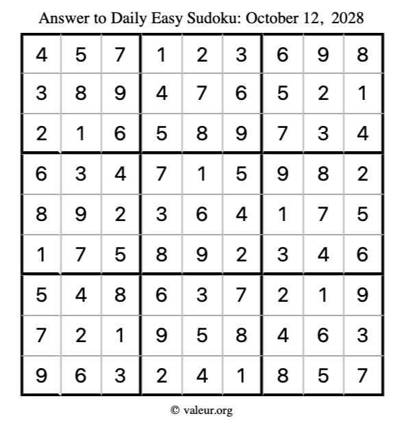 Answer to easy sudoku October 12, 2028
