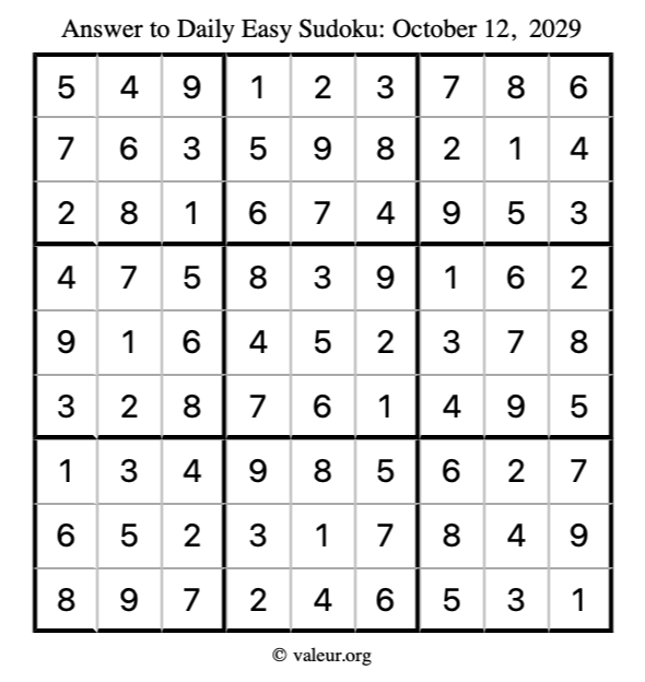 Answer to easy sudoku October 12, 2029