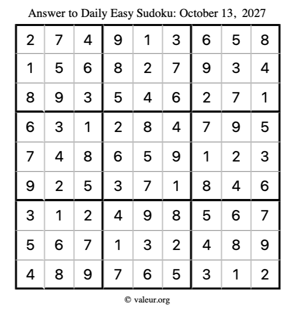 Answer to easy sudoku October 13, 2027