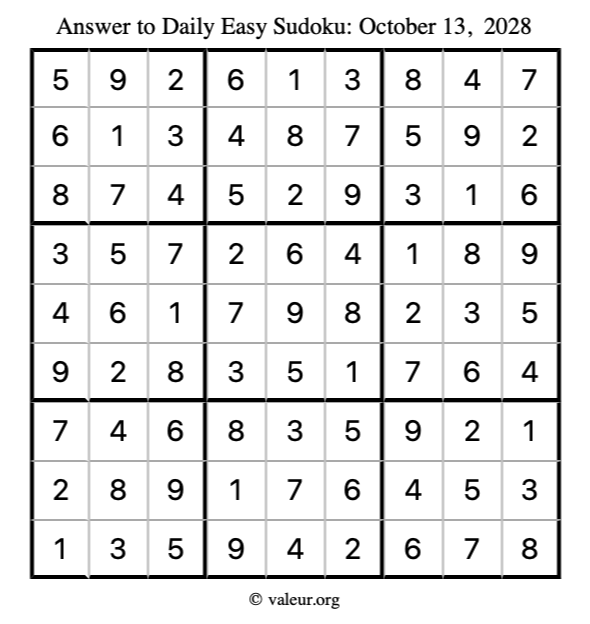 Answer to easy sudoku October 13, 2028