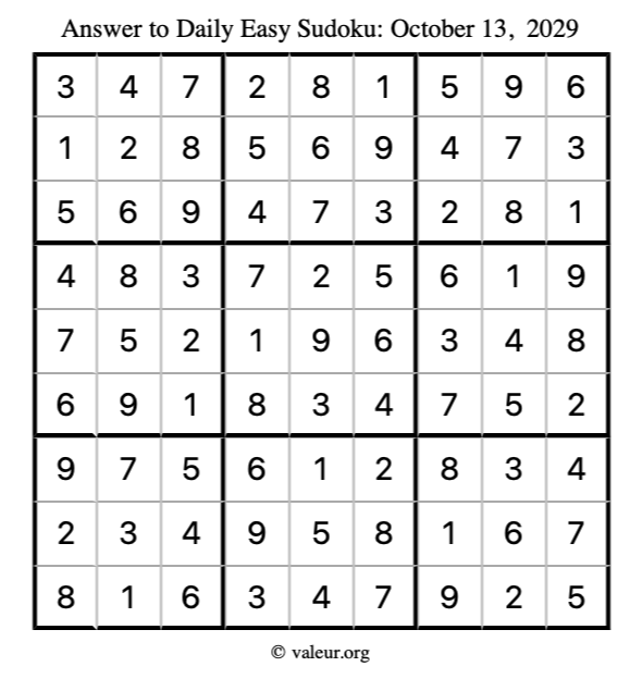 Answer to easy sudoku October 13, 2029
