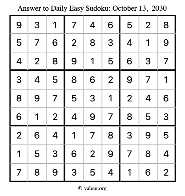 Answer to easy sudoku October 13, 2030