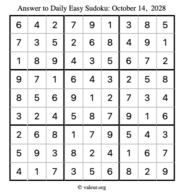 Answer to easy sudoku October 14, 2028