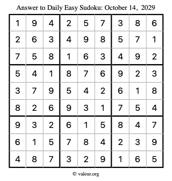 Answer to easy sudoku October 14, 2029