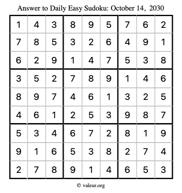Answer to easy sudoku October 14, 2030