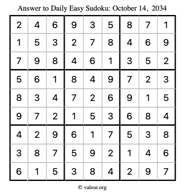Answer to easy sudoku October 14, 2034