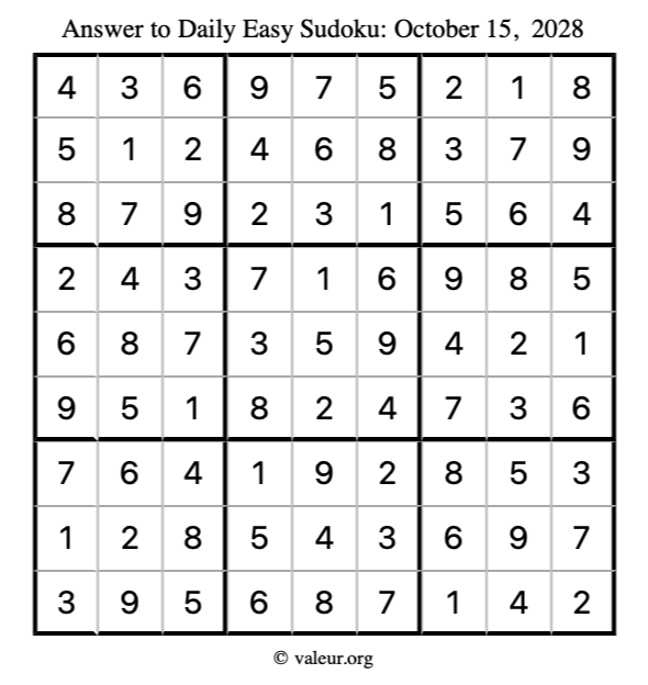 Answer to easy sudoku October 15, 2028