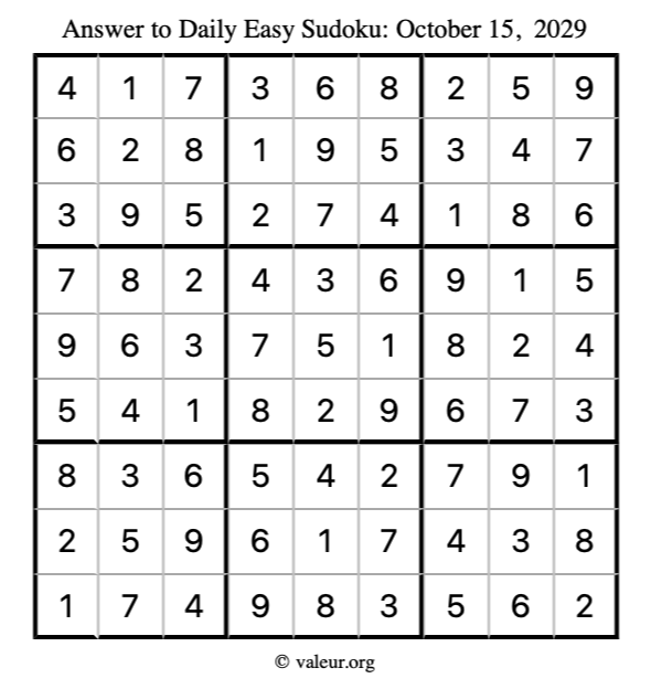 Answer to easy sudoku October 15, 2029