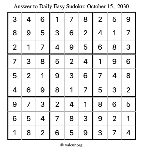 Answer to easy sudoku October 15, 2030