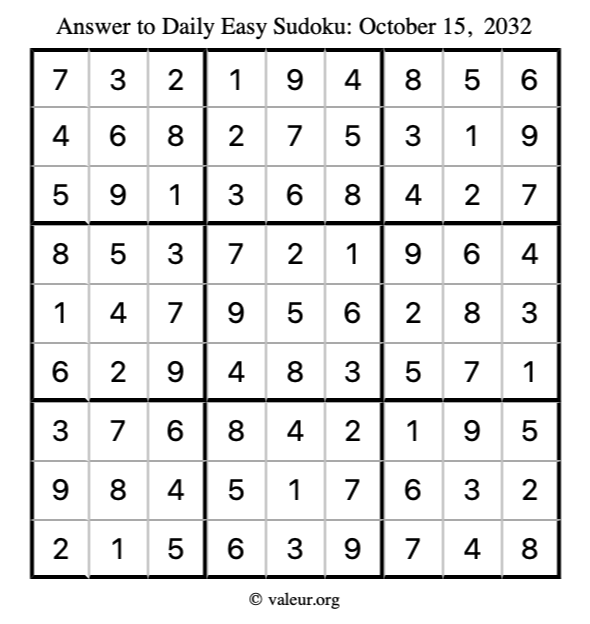 Answer to easy sudoku October 15, 2032