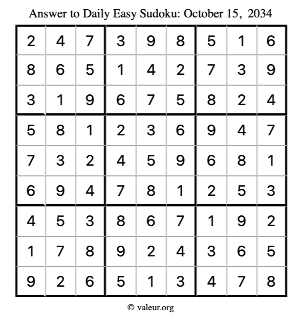 Answer to easy sudoku October 15, 2034