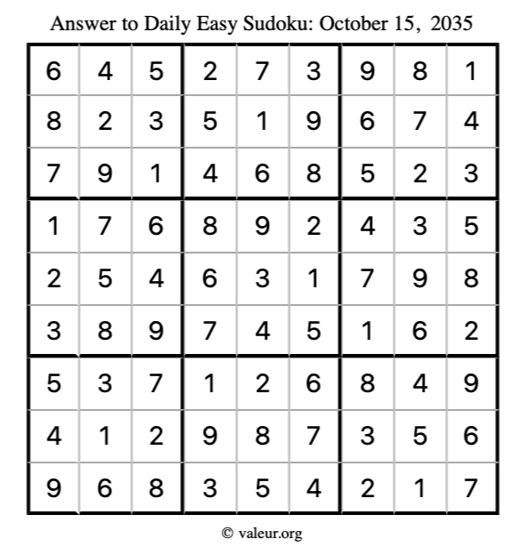 Answer to easy sudoku October 15, 2035