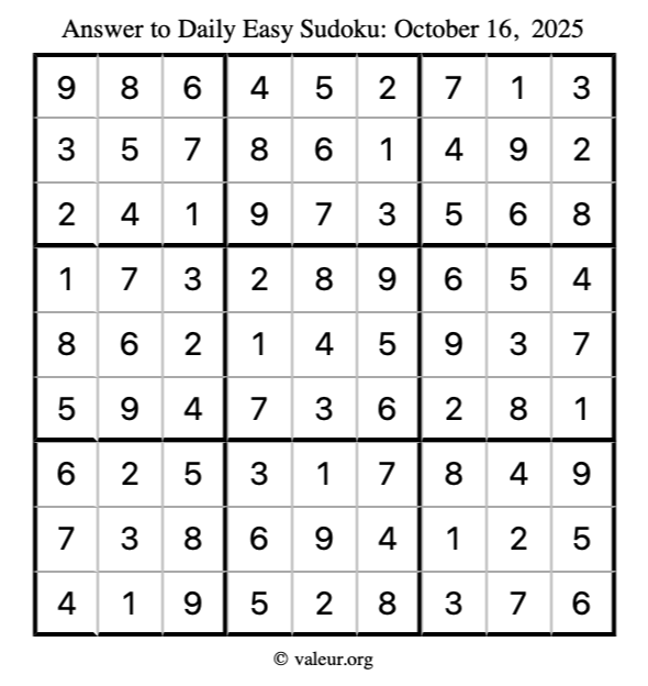 Answer to easy sudoku October 16, 2025