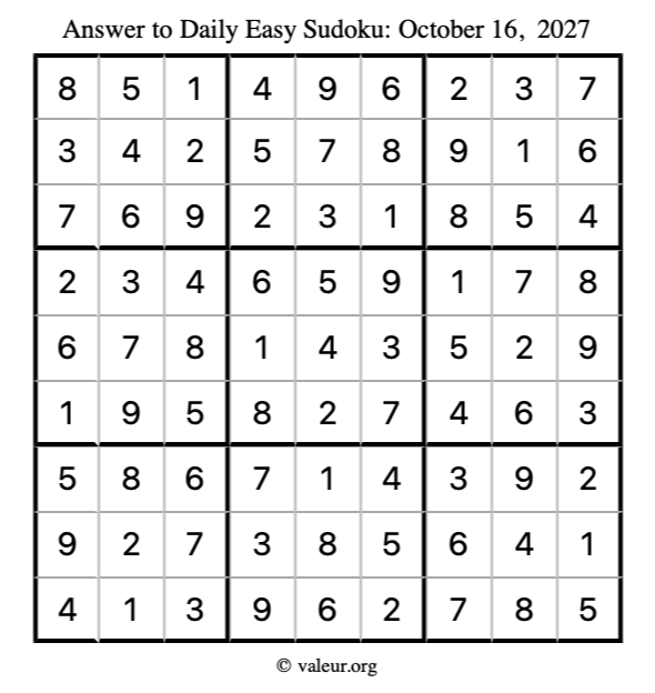 Answer to easy sudoku October 16, 2027