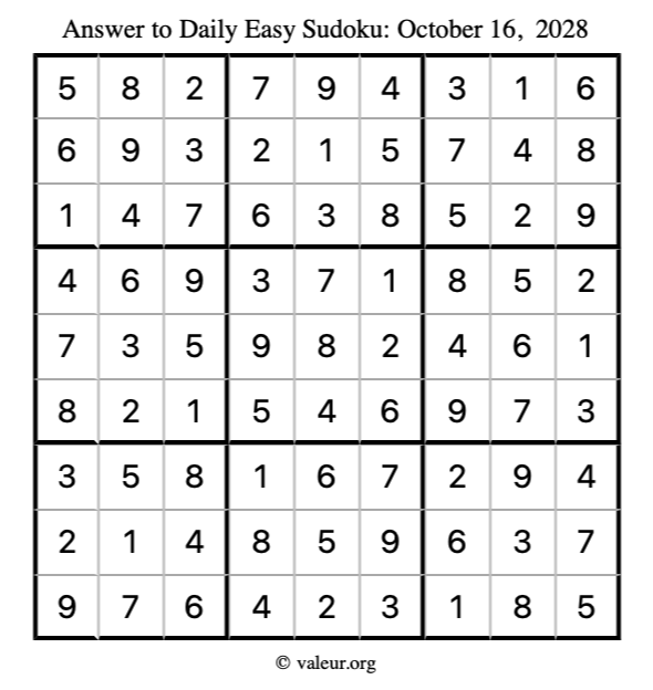 Answer to easy sudoku October 16, 2028
