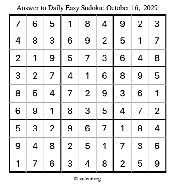 Answer to easy sudoku October 16, 2029