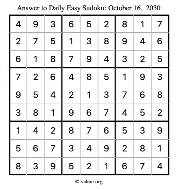 Answer to easy sudoku October 16, 2030