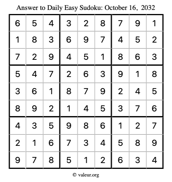 Answer to easy sudoku October 16, 2032